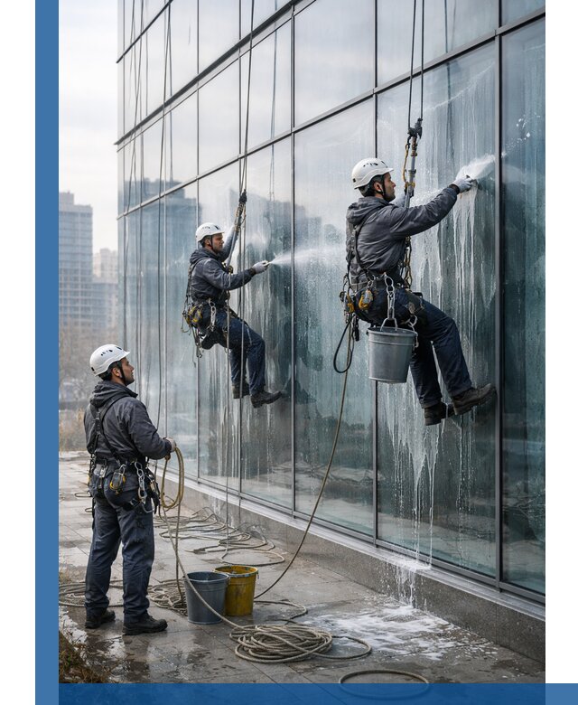 Промышленная мойка панорамных окон на высоте в Белгороде