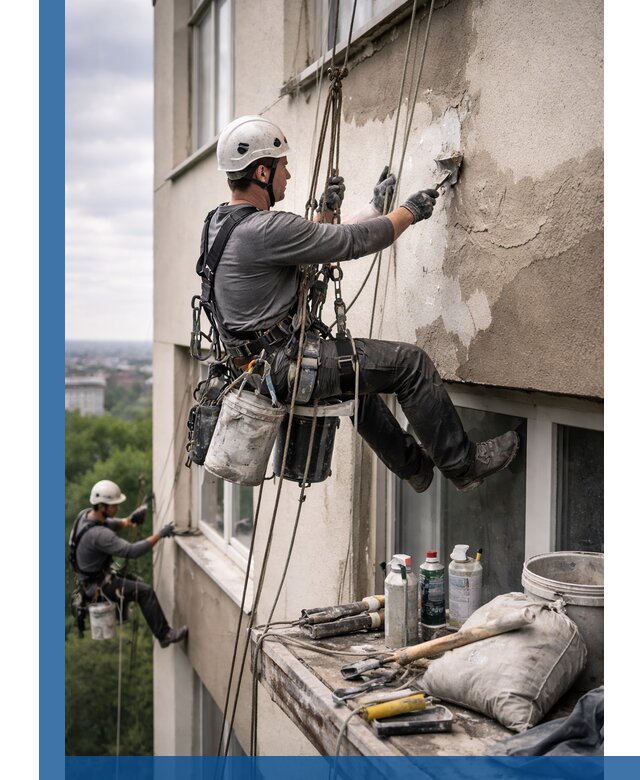 Косметический ремонт фасада зданий в Белгороде промышленными альпинистами