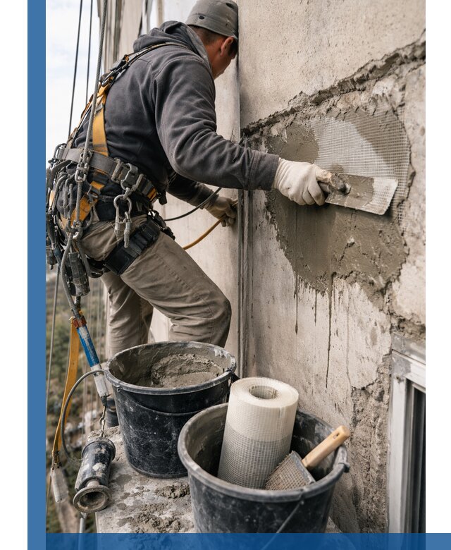 Ремонт бетонных элементов фасада промышленными альпинистами в Белгороде