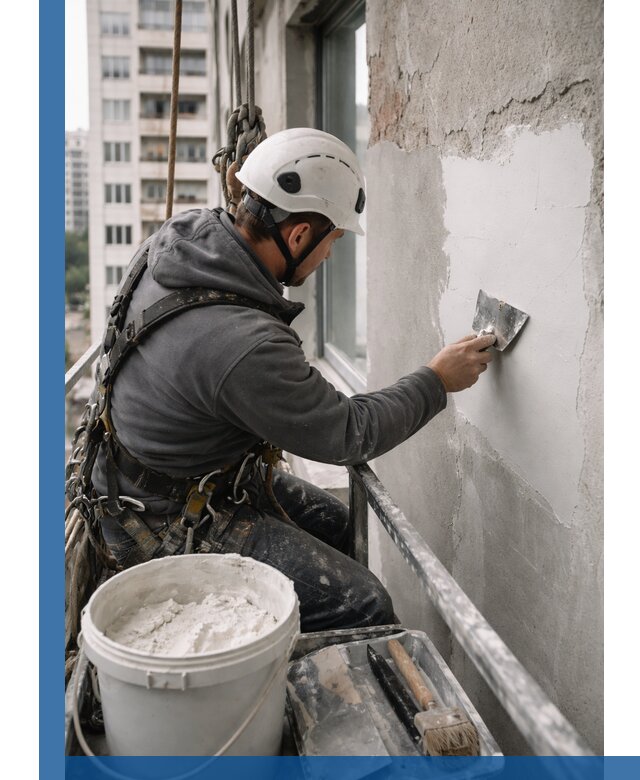 Шпаклевка фасадов на высоте с промальпинистами в Белгороде