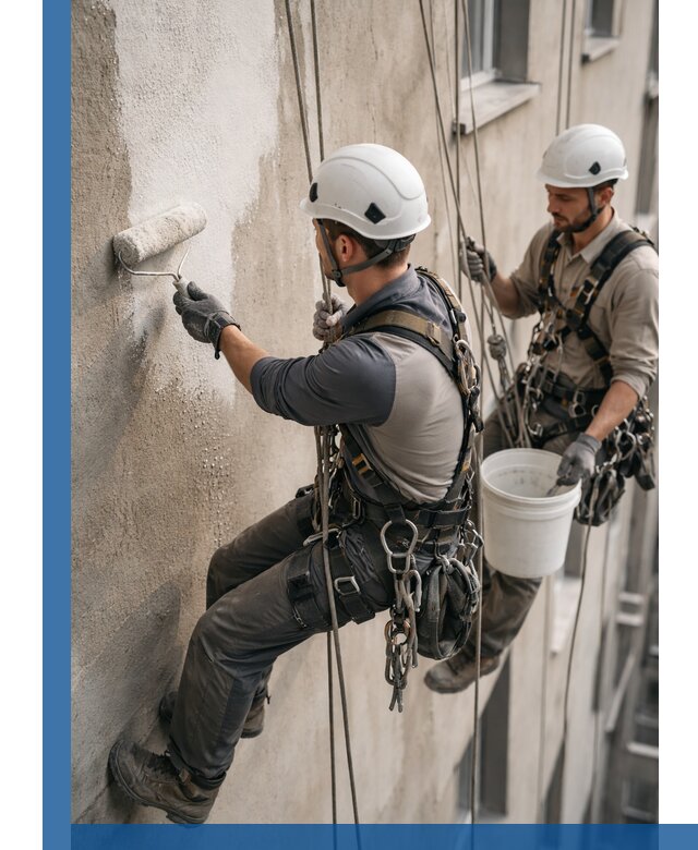 Грунтовка фасада на высоте в Белгороде промышленными альпинистами