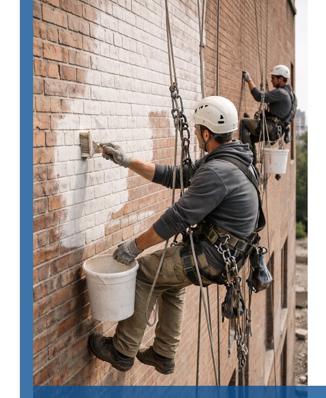 Покраска кирпичного фасада с доступным альпинистским сервисом в Белгороде