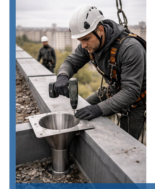 Монтаж водосточных воронок в Белгороде для промышленных зданий