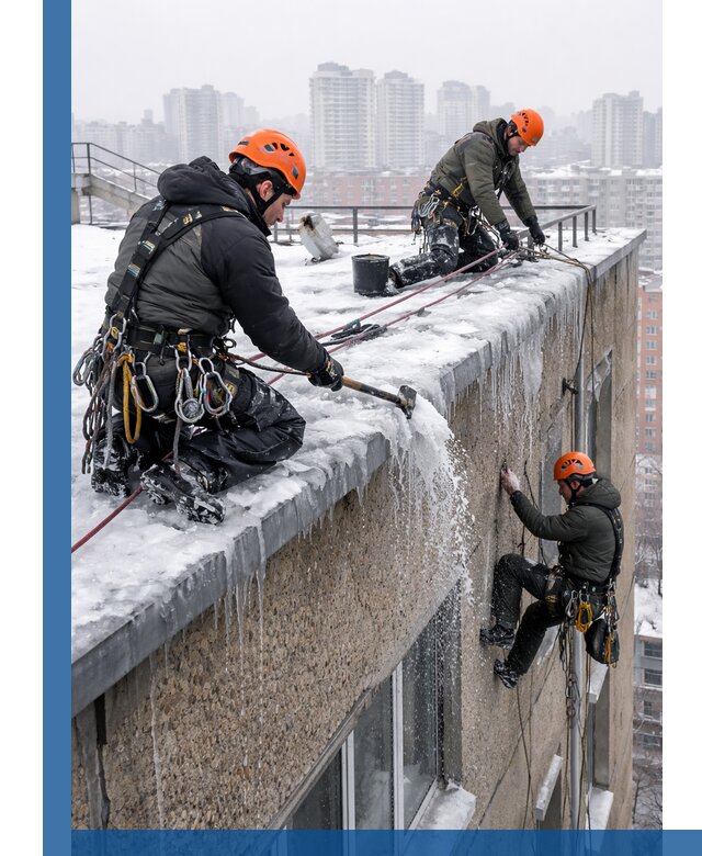 Удаление наледи с кровли в Белгороде промышленными альпинистами
