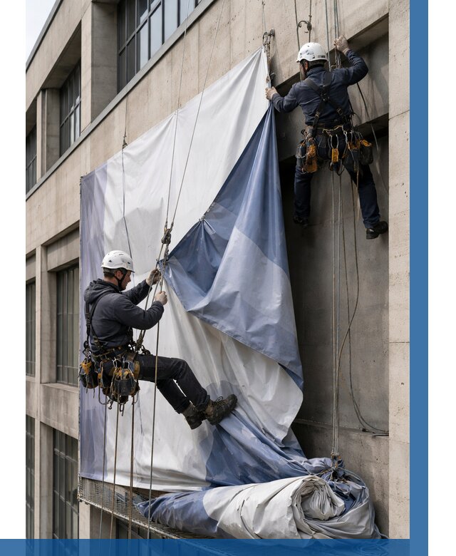 Демонтаж баннеров с фасада в Белгороде от 4674 р. | ВЫСОТНИК-Блг