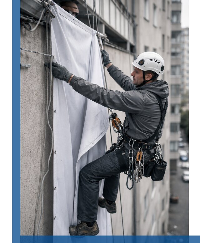 Замена баннерного полотна промышленными альпинистами в Белгороде