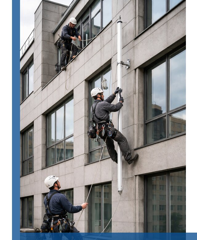 Монтаж флагштока на фасаде здания с креплением и герметикой в Белгороде