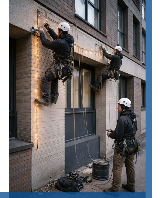 Монтаж гирлянд на фасаде в Белгороде от 3635 р. | ВЫСОТНИК-Блг