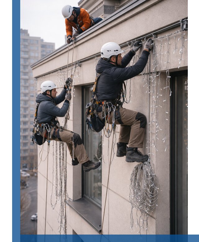 Монтаж праздничных гирлянд на фасаде в Белгороде для зданий