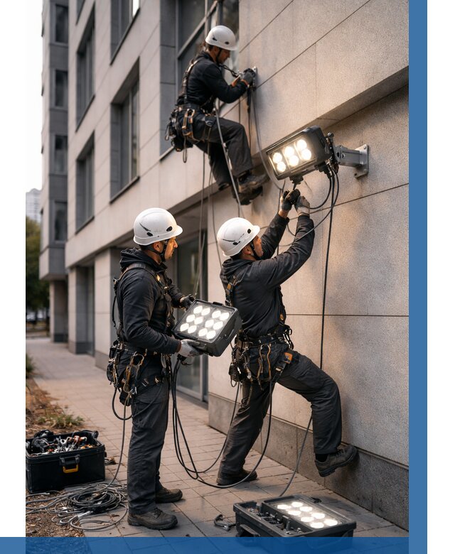 Монтаж прожекторов на фасаде в Белгороде от 7790 р. | ВЫСОТНИК-Блг