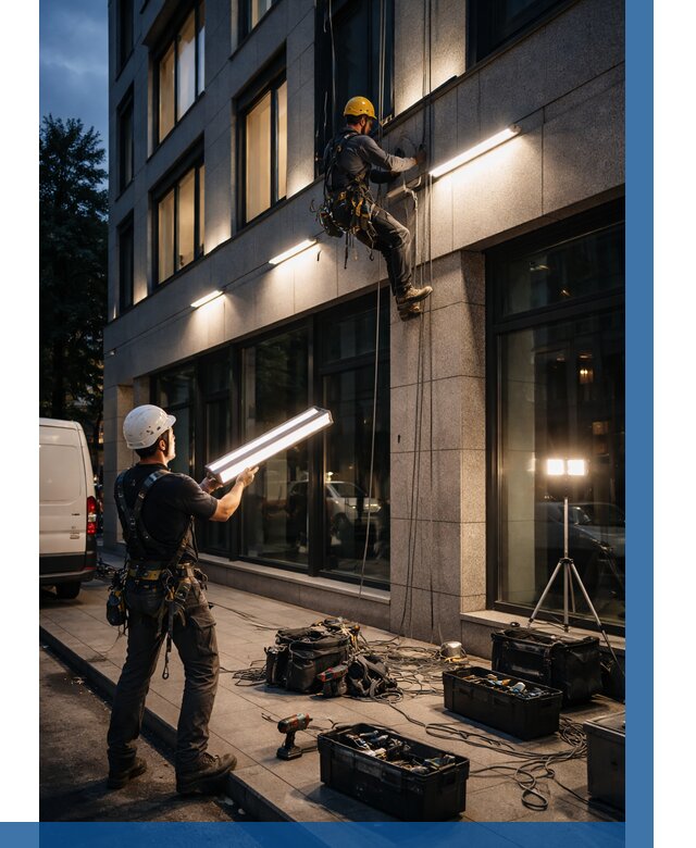 Монтаж архитектурной подсветки здания в Белгороде от 2597 р.|ВЫСОТНИК-Блг