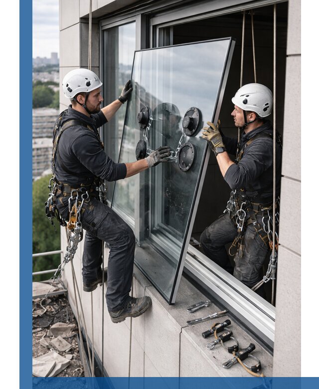Замена стеклопакетов на высоте с промышленными альпинистами в Белгороде
