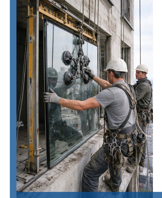 Монтаж стеклопакетов на высоте в Белгороде с промышленным альпинизмом