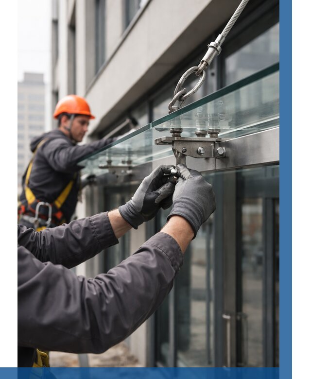 Монтаж стеклянных козырьков в Белгороде от 8829 р. | ВЫСОТНИК-Блг