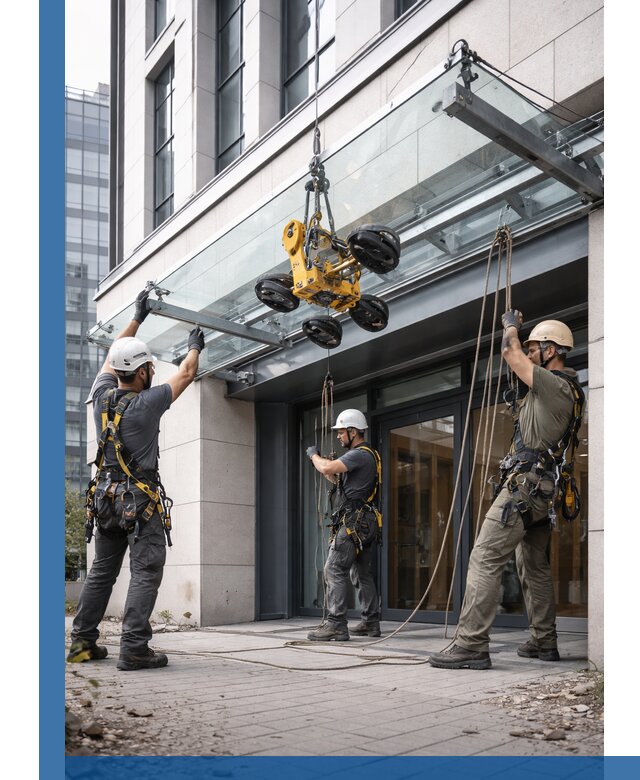 Монтаж стеклянных козырьков под ключ в Белгороде для зданий