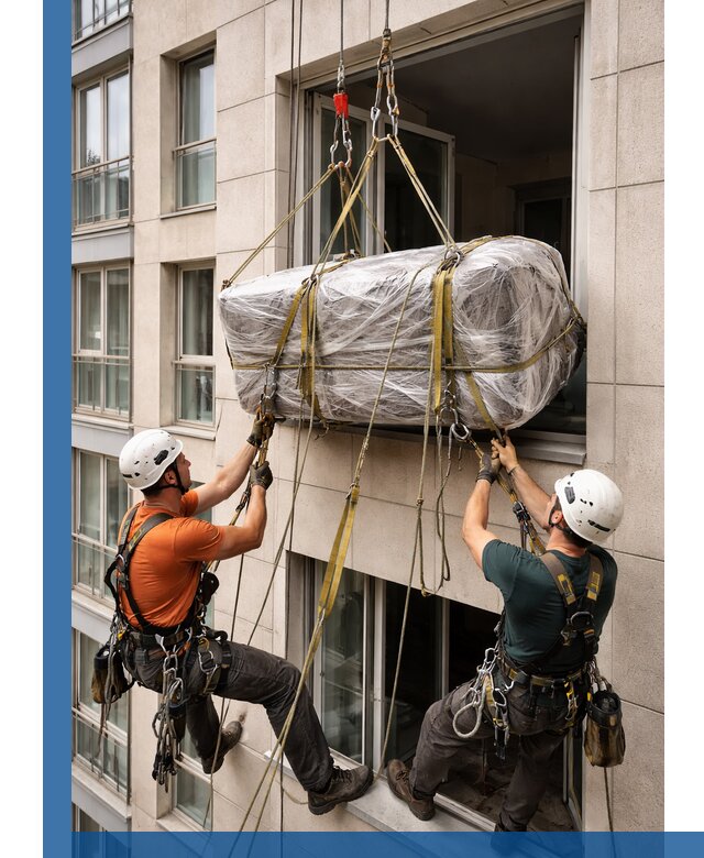 Подъем грузов через окно в Белгороде промышленными альпинистами