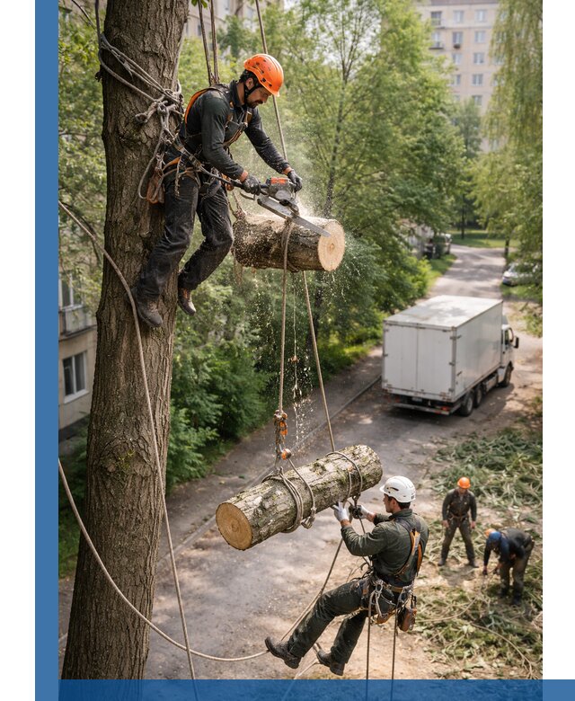 Спил деревьев альпинистами в Белгороде, безопасно и без повреждений